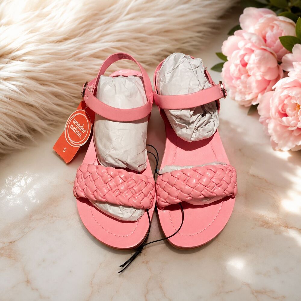 Wonder Nation Girls Pink Braided Ankle Strap Flat Sandals  Size 5 NWT